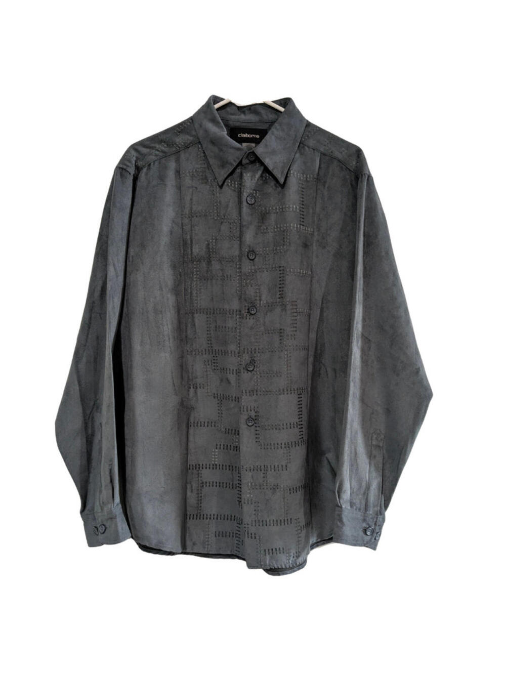 Claiborne Men's Faux Suede Embroidered Button Up Dress Shirt, Gray Blue, Large